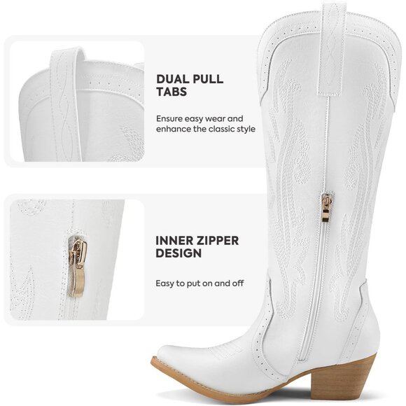 Women's White Leather Embroidered Knee Chunky High Heel Western Pointy Toe Boot - Picture 2 of 5